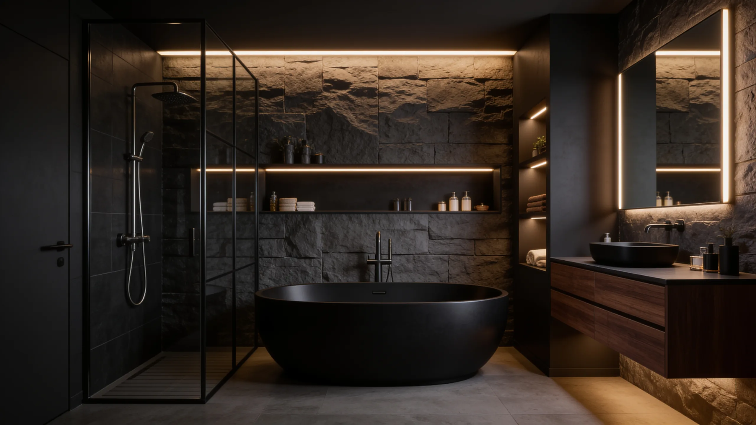 Luxury bathroom with black freestanding tub and stone walls